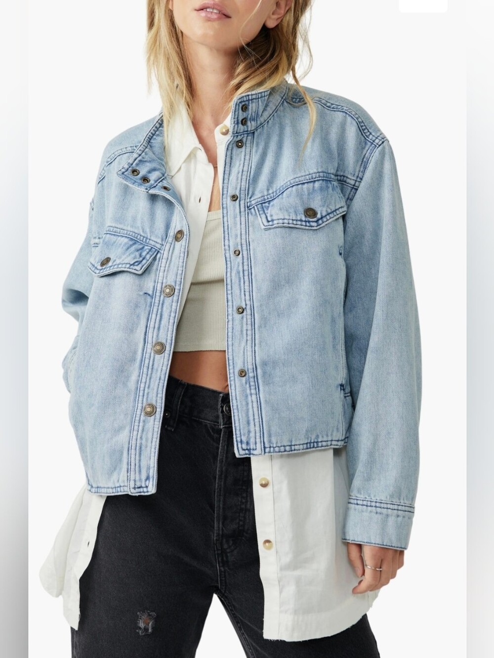 We The Free Crystal Utility Denim Jacket in Washed Blue Sz M